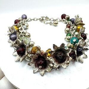 Colorful Glass Bead Flower Cluster Cha Cha Bracelet Silver Tone 7-8.5”